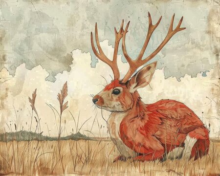 A beautiful watercolor painting of a jackalope sitting in a field of grass