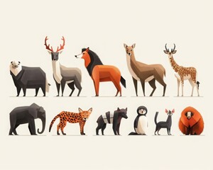 A collection of various animals in a simple and colorful geometric polygon style