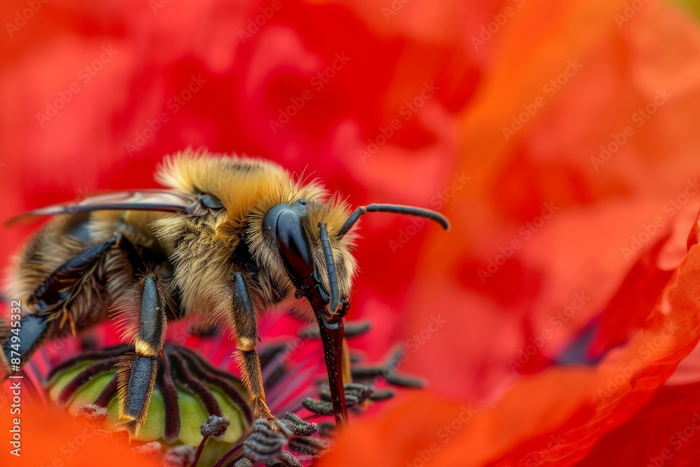 Poster an extreme macro shot capturing a bee on the vibrant petal of a red flower, highlighting the fine de