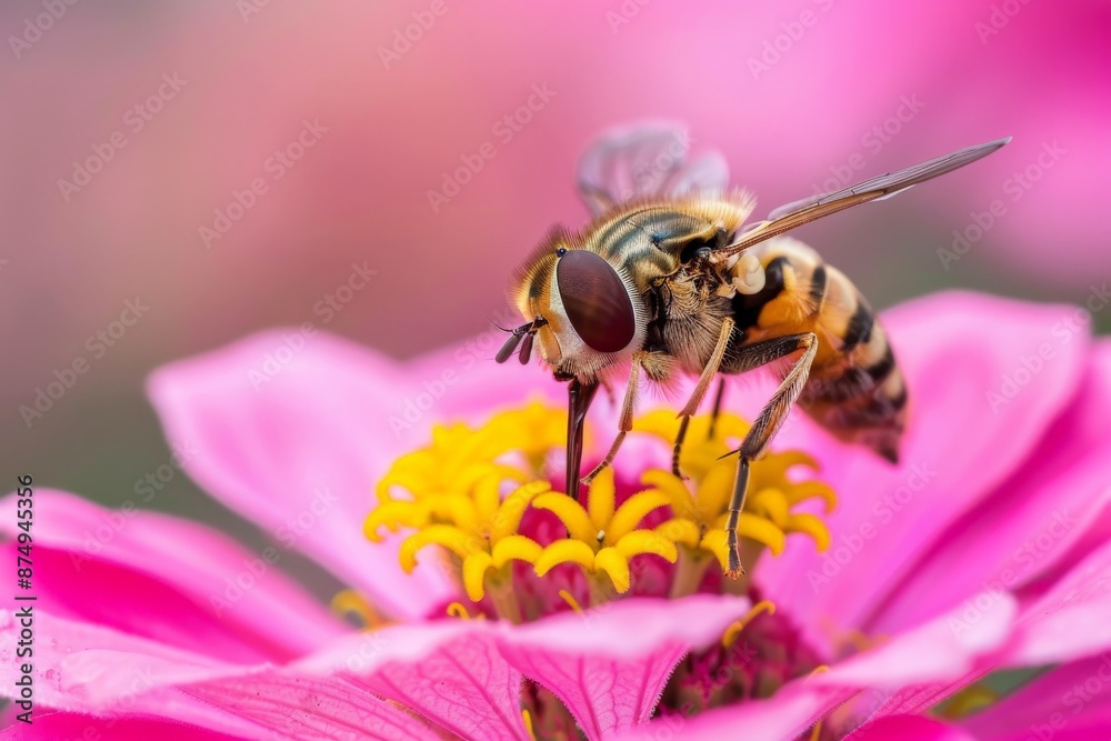 Poster a stunning close-up of a bee diligently collecting nectar from a brightly colored pink flower. the i