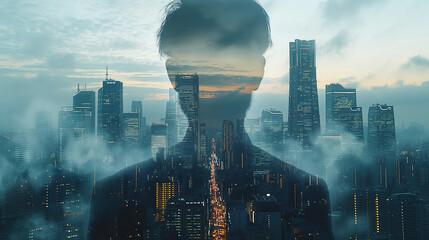 ビジネスマンの背景に高層ビル群