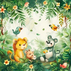 Naklejka premium A cute cartoon illustration of a lion, a koala, a deer, and some birds in a lush green jungle with flowers and leaves.