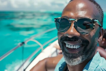 Fototapeta premium A man exposes his pearly white smile and wears sunglasses, enjoying a beautiful sunny day on a boat with a captivating view of the turquoise sea in the background.