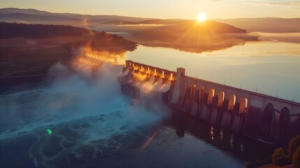 Fototapeta premium Majestic Hydroelectric Dam at Sunrise with Misty Landscape
