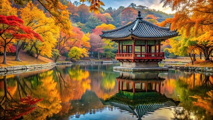 Vibrant autumn foliage surrounding a traditional Korean pavilion by a tranquil pond, autumn, foliage
