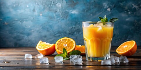 Fototapeta premium Refreshing orange juice in a glass with ice , drink, beverage, citrus, cold, summer, healthy, refreshment, fresh