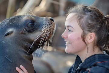 A heartwarming scene where a person gently holds a calm sea lion, showcasing a tender moment highlighting the bond between humans and animals.