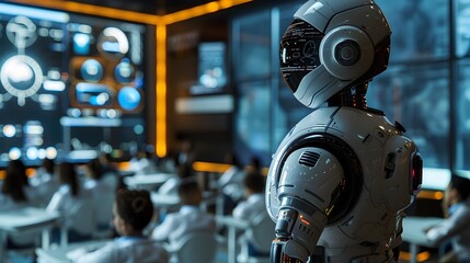 Futuristic Robot Teacher Instructing Students in Interactive Holographic Classroom