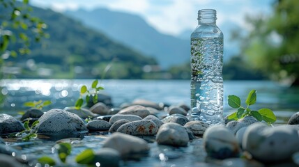 a bottle of mineral water on a lake and nature background with a glass of fresh water next to it, some stones, light green leaves on top, advertising style, product image