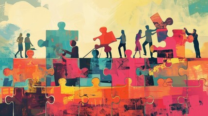 A group of diverse people work together to solve a puzzle. The image is colorful and inspiring, and it represents the power of teamwork and collaboration. AIG535