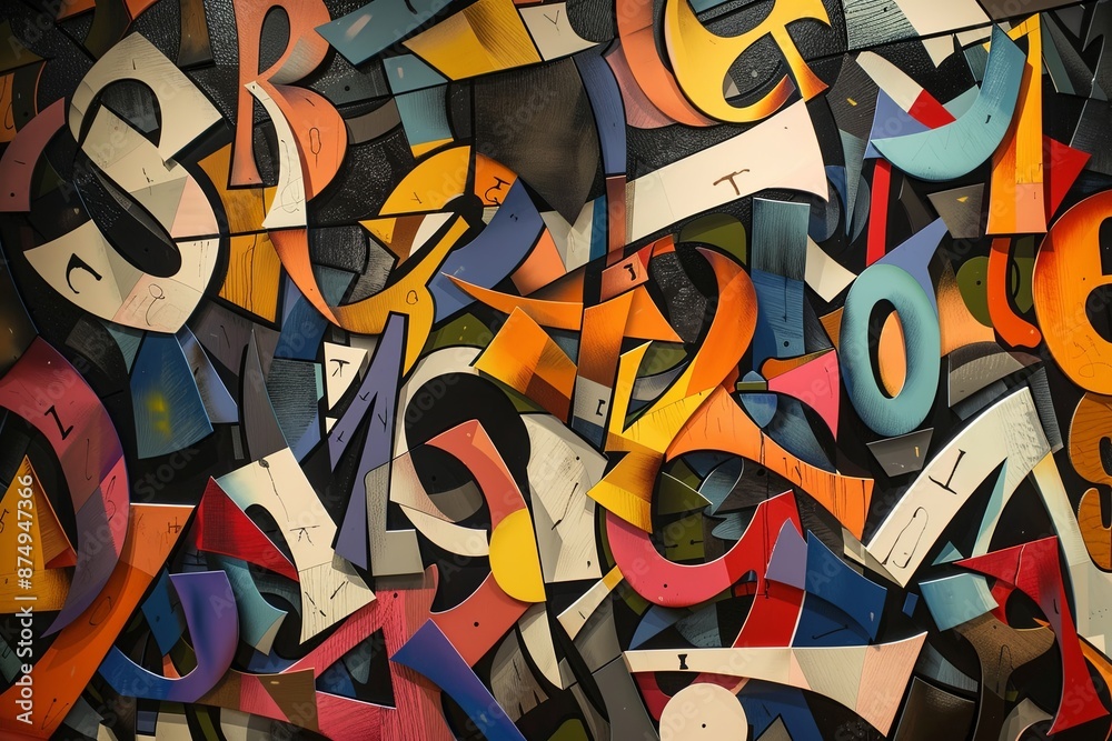 Poster a close-up view of a wall covered in colorful, overlapping letters and numbers. generative ai