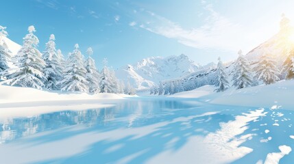 Obraz premium Snowy landscape with snow-covered trees, mountains, and a serene lake under a clear blue sky. Perfect for winter, nature, and scenic themes.