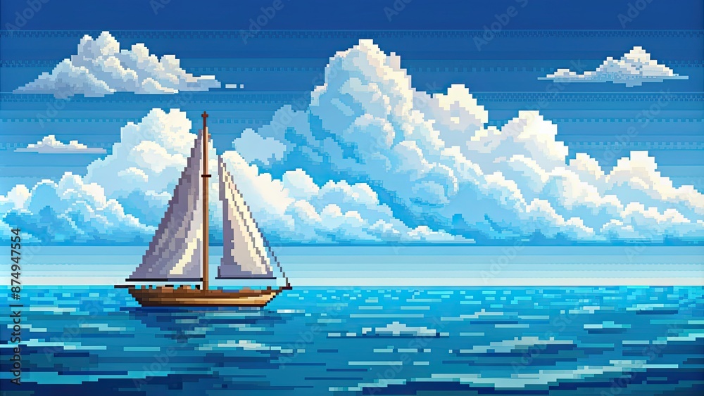 Wall mural Pixel art of a sailboat sailing in the ocean with clouds in the sky, regatta, sailboat, ocean, clouds, sky, regatta, pixel art, sail