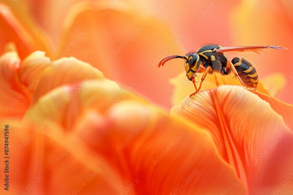 Poster a macro photograph of a wasp standing on vivid orange flower petals, capturing the intricate details