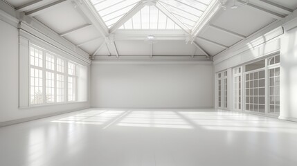 Fototapeta premium Bright, spacious room with large skylights and white walls, flooded with natural light. Ideal for architectural or real estate themes.