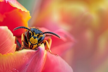 An exquisite macro shot capturing a wasp nestled within the bright red and yellow petals of a flower, emphasizing the detailed features of the wasp and the surrounding color vibrancy.