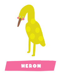 Learn swamp nature flashcard. Learning English words for kids. Cute hand drawn doodle educational card with heron bird. Preschool bog, morass, backwater nature learning material