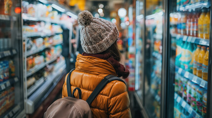 Obraz premium Person wearing winter hat and orange jacket shopping in grocery store aisle, surrounded by refrigerated shelves filled with various drinks and food items