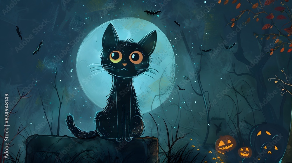 Sticker black cat vector on halloween background