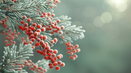 A Branch Of Pine Showcased Red Frozen Rowan Berries