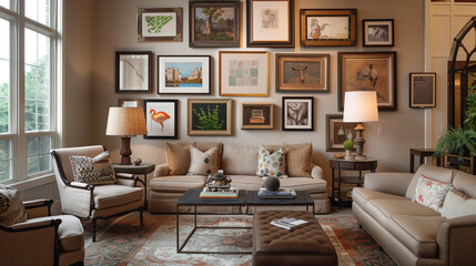 Elegant living room featuring a unique gallery wall, sophisticated furniture, and a blend of modern and vintage decor.