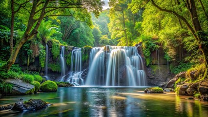 Obraz premium Serene forest waterfall surrounded by lush trees and flowing water, Nature, peaceful, tranquil, landscape, scenery