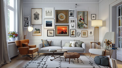 Elegant living room featuring a unique gallery wall, sophisticated furniture, and a blend of modern and vintage decor.
