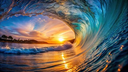 Stunning tube wave at sunset in the ocean , Wave, barrel, surf, ocean, sunset, sunrise, water, motion, nature, beauty, tropical