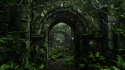 Fototapeta premium A mossy, overgrown forest with a stone archway