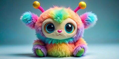 Fototapeta premium Soft toy animal alien with fluffy fur, big eyes, and colorful antennas, plush, toy, animal, alien, cute, fluffy, fur, big eyes