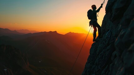 Silhouette of climber tossing rope on mountain ridge at sunset Potential for text overlay