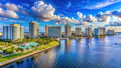 Fototapeta premium West Palm Beach and Riviera Beach skyline overlooking the beautiful waters of Florida, West Palm Beach