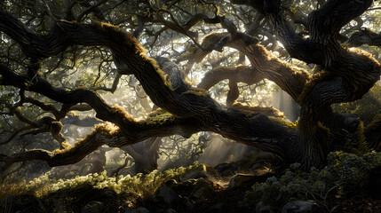 Obraz premium A tree with a lot of branches and moss growing on it