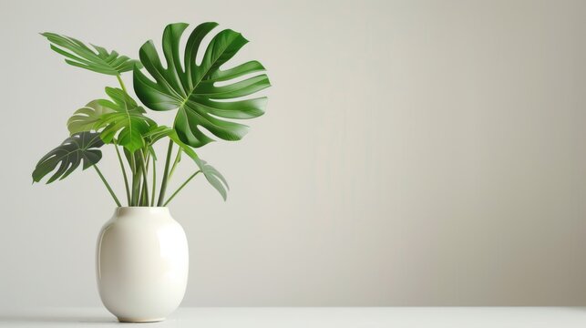 Beautiful Monstera Plant in White Vase on Clean Desk.