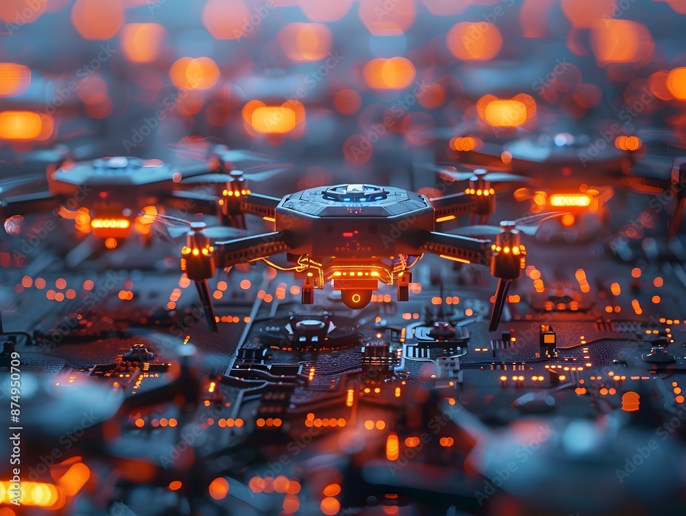 Poster neural network controlled drone fleet visualized as synchronized glowing array of devices