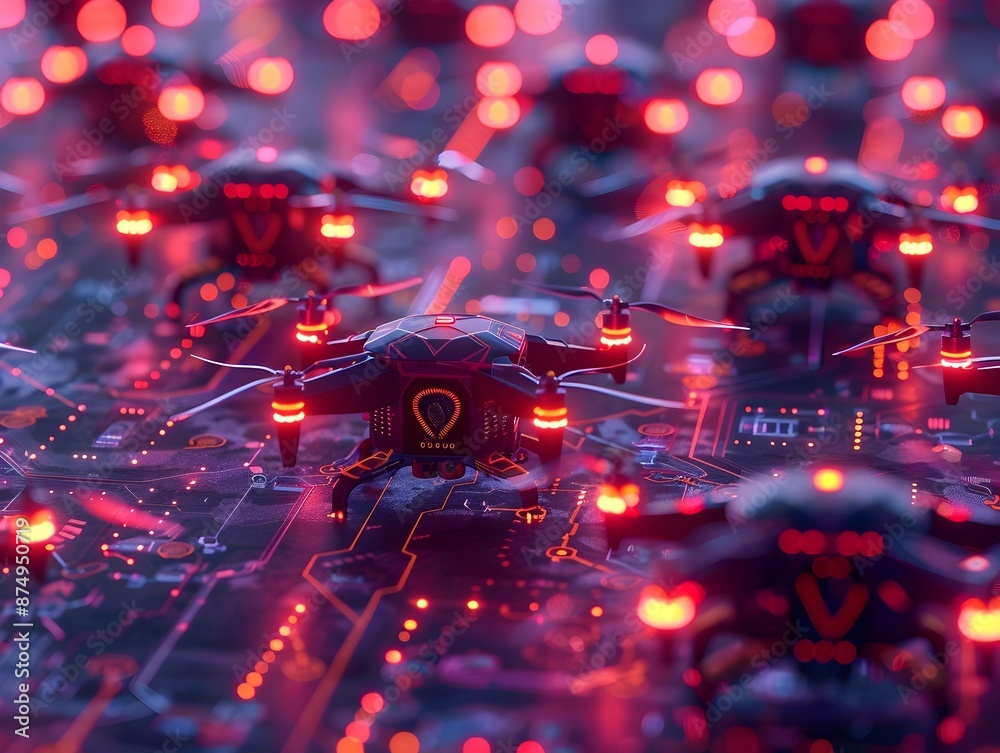 Poster synchronized glowing drone fleet visualized as neural network controlled array of futuristic devices