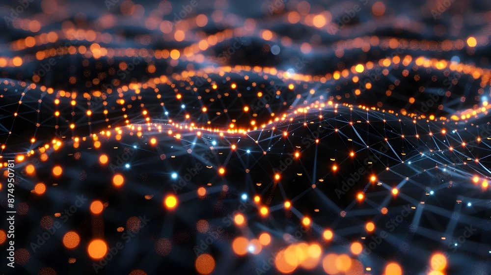 Poster neural network driven social media platform visualized as interconnected nodes of glowing data