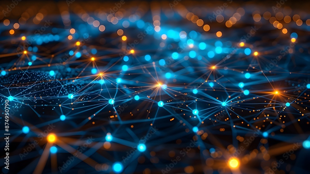 Poster interconnected neural network driven social media platform with glowing data nodes and copy space