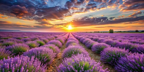 Fototapeta premium Sunset over a blooming lavender field , lavender, purple, flowers, sunset, twilight, serene, tranquil, nature, landscape, beauty