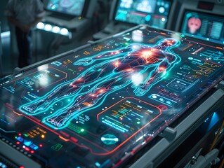 Futuristic Medical Scanner Analyzing Patient s Body with Holographic Health Data and Diagnostics