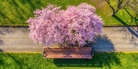 Overhead shot of cherry blossom tree blooming over a park bench, embodying the essence of spring beauty , spring