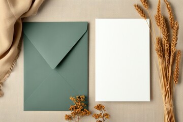 Flat Lay Mockup with Envelope, Card, Wheat and Fabric