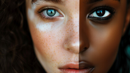 Fototapeta premium Split-face portrait merging features of two diverse women, showcasing ethnic unity.