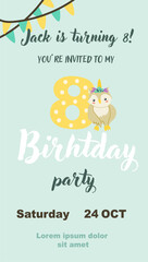 Childrens magic invitation card with fairy animal. Fantasy world elements design. Template for magic birthday party with unicorn or cute animal with horn and flowers.