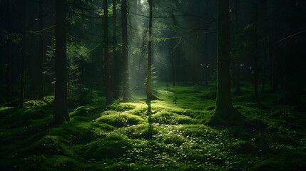 Fototapeta premium A forest with sunlight shining through the trees
