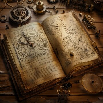Steampunk Fantasy: Open Book with Mechanical Diagram in Sepia Tones - Digital Art Illustration