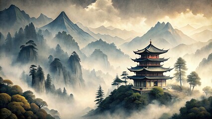 Japanese temple nestled among majestic mountains in a serene ink painting , Japan, temple, mountains, landscape © Sujid