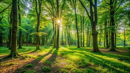 Lush green forest with sunlight streaming through trees, casting dappled shadows on the ground, nature, forest, green