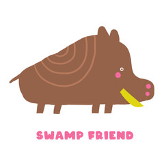 Cute morass, bog nature composition, postcard with funny hand drawn doodle boar, aper, pig, animal. Wild pond, swamp nature t shirt print, cover, template, banner, poster print objects