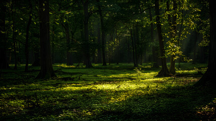 A forest at night with a full moon in the sky